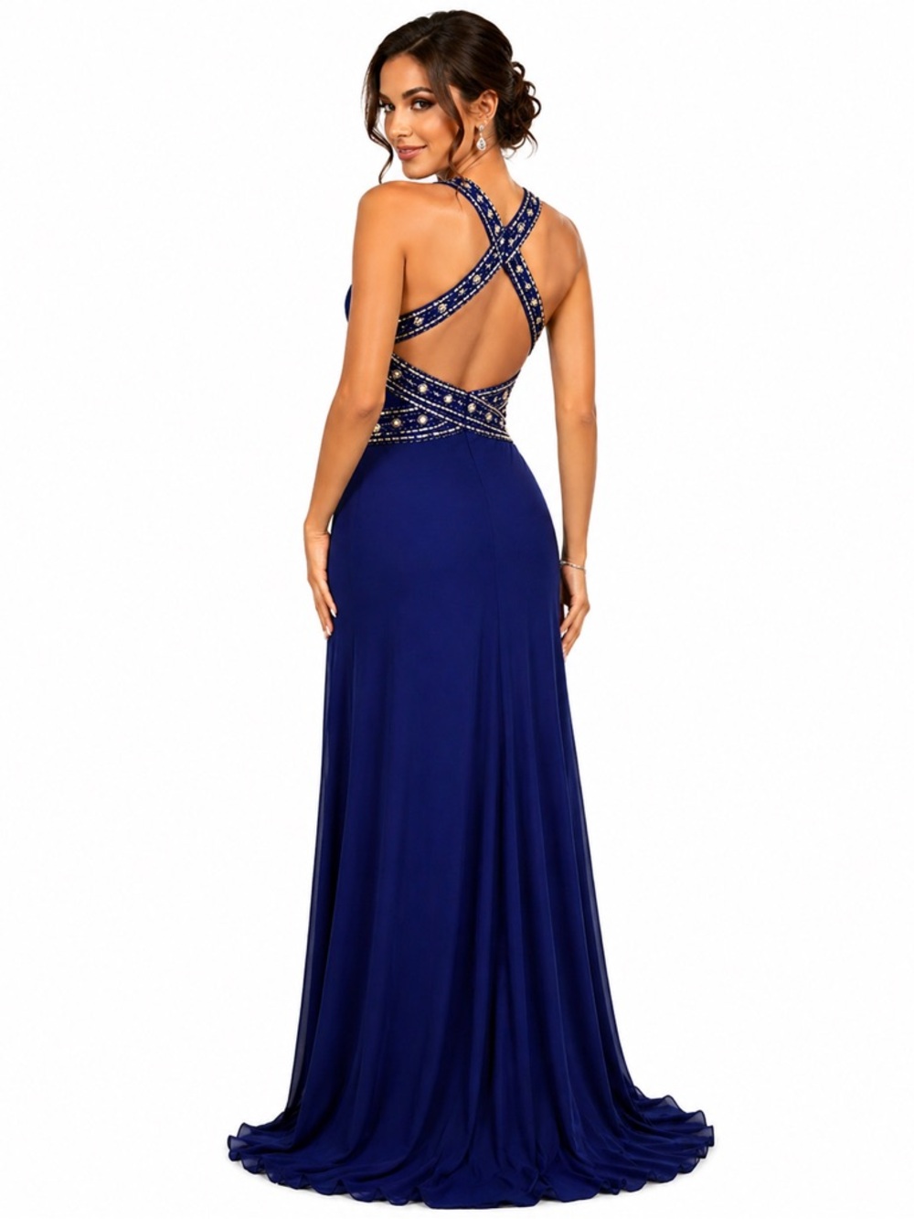 VTG Y2K Halley Logan Royal Blue Crisscross Beaded Halter Dress. Worn Once - Picture 2 of 16